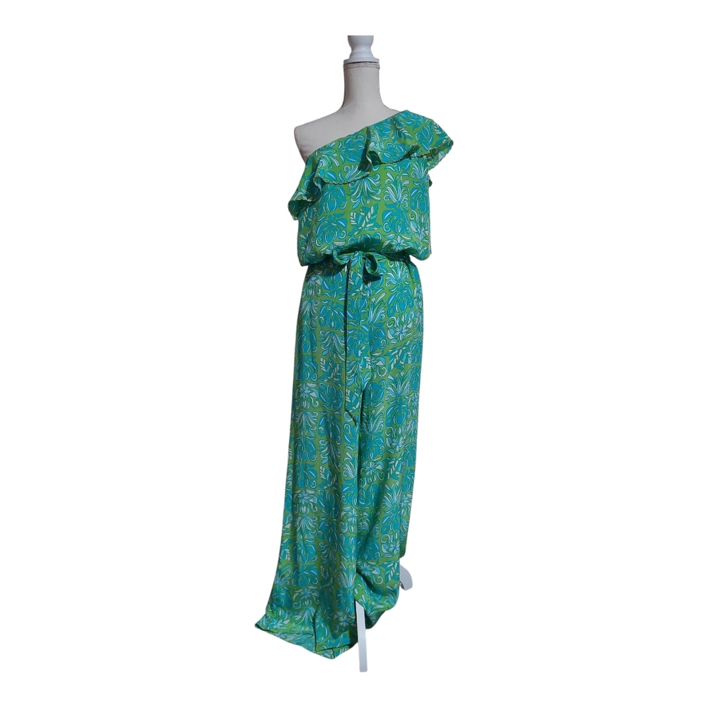 Lilly Pulitzer One Shoulder Green and‎ Blue Leaf Print Silk Sz 10